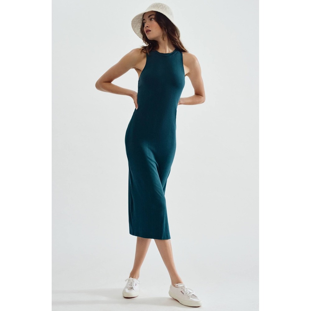 Daily Practice Anthropologie Slim Racer Dress XL Teal Ribbed Midi Maxi